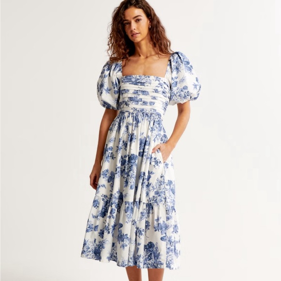 Abercrombie & Fitch Dresses & Skirts - Blue Floral Puff-Sleeve Midi Dress